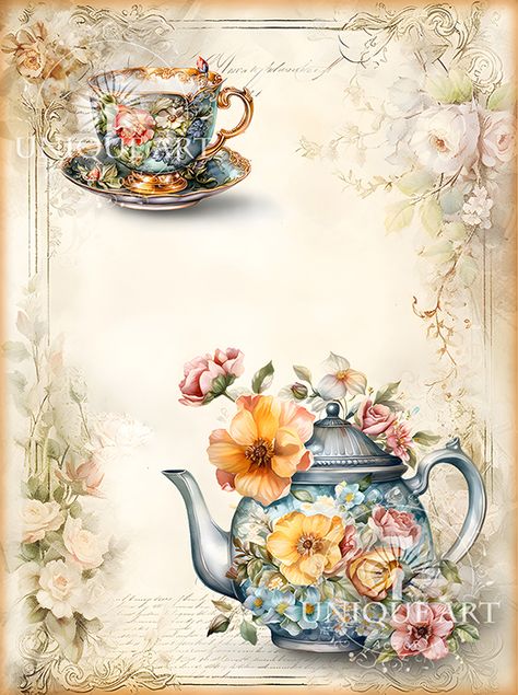 Floral Tea Set, Tea Cup Art, Decoupage Decor, Scrapbook Art, Junk Journal Pages, Cup Art, Poster Background Design, Vintage Journal, Floral Tea