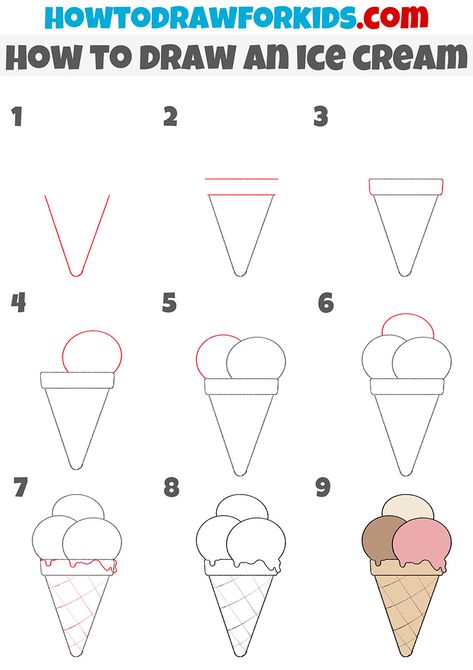 How to Draw an Ice Cream - Easy Drawing Tutorial For Kids Easy Desserts Drawing, How To Draw A Ice Cream, How To Draw A Popsicle, How To Draw Ice Cream Step By Step, Ice Cream Painting For Kids, How To Draw Desserts, How To Draw A Cupcake, Ice Cream Doodle Art, How To Draw Ice Cream