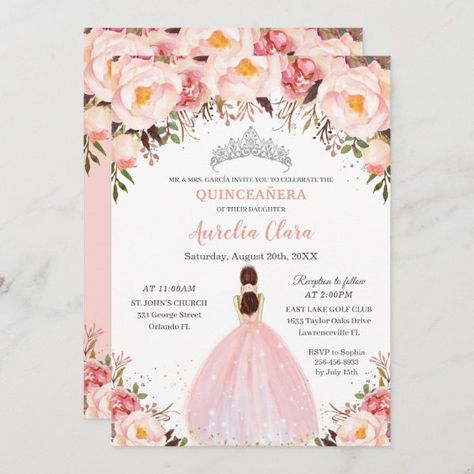 Chic Quinceañera Soft Blush Floral Princess Silver Invitation Champagne And Blush Quinceanera Theme, Champagne Gold Dress, Quinceañera Invitation, Princess Invitation, Quince Invitations, Dress Quinceanera, Silver Invitation, Princess Birthday Invitations, 16th Birthday Invitations