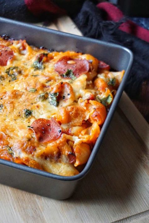 Tomato Salami Pizza Pasta Bake Recipe - ET Food Voyage Couscous, Kos, Salami Recipes Dinner Meals, Salami Pasta Sauce, Italian Dry Salami Recipes, Leftover Salami Recipes, Salami Pasta Recipes, Recipes Using Salami, Recipes With Salami