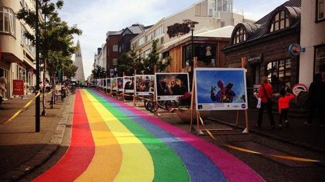 Reykjavik's central street is painted in rainbow colours as its Gay Pride event begins. Rainbow Road, Pocket Park, Iceland Reykjavik, Gay Aesthetic, Rainbow Card, Iceland Travel, Reykjavik, Favorite City, Capital City