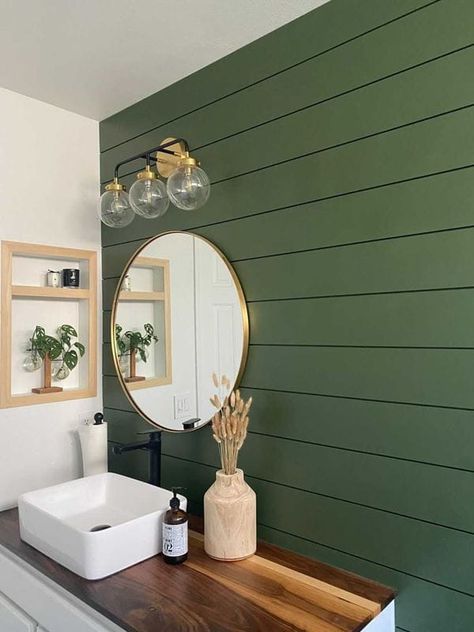 Greens dominate 2022 ‘Colors of the Year’ | Blog Green Shiplap, Room Decor Lighting, Chic Powder Room, Brass Vanity, Shiplap Bathroom, Small Bathtub, Glam Boho, Powder Room Decor, Bathroom Transformation