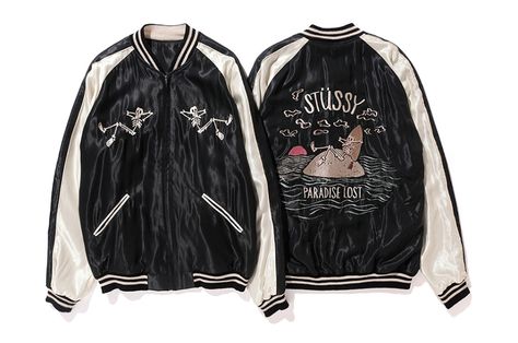 Stussy x Tailor Toyo Reversible Hand-Embroidered Sukajan Jacket 2017 Spring | HYPEBEAST Skeleton Artwork, Bespoke Jacket, Sukajan Jacket, Jacket Store, Souvenir Jacket, Leather Outerwear, Street Trends, Next Fashion, Clothing Essentials