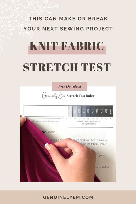 How to do a fabric stretch test on your knit fabric. This can make or break your next project. The stretch percentage is easy to find especially using this ruler. You can download it for free. Stretch Fabric Projects, Fabric Projects, Sewing Tips, Free Fabric, Sewing Techniques, Sewing Ideas, Sewing Hacks, Sewing Fabric, How Can