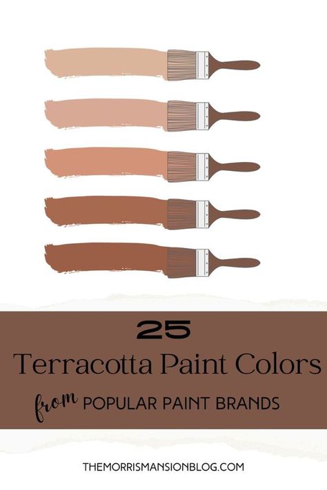 These terracotta paint colors are so gorgeous. There are so many variations to a terracotta color that I have gathered the best of those colors from pink, to rust to warm orange. Terracotta Painted Furniture, Rust Paint Color, Terracotta Bathroom Walls, Terracotta Paint Colors, Painted Terracotta Tiles, Terra Cotta Paint Color, Rust Color Paint, Exterior Paint Color Schemes, Terracotta Walls