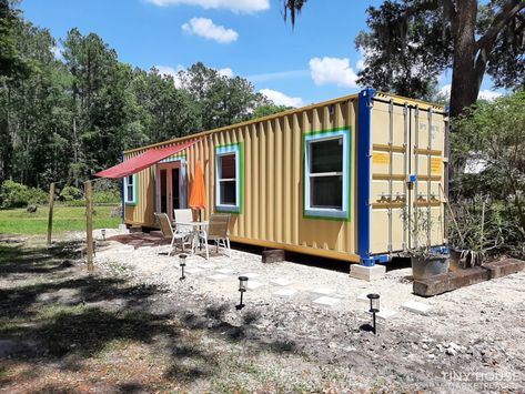 Colorful 40-ft. Container Home in Florida Shipping Container Tiny House, Container Tiny House, Container Homes For Sale, 40ft Container, Tiny House Talk, Wood For Sale, Double French Doors, Tiny Cabins, Shipping Container House