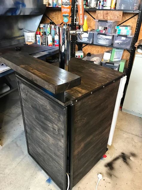 Diy Mini Fridge Bar, Kegerator Bar Ideas, Mini Fridge Nightstand Diy, Kegerator Bar Ideas Diy, How To Build A Mini Fridge Cabinet, Mini Fridge Kegerator Diy, Kegerator Bar, Kegerator Diy, Armoire Bar