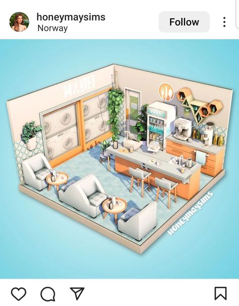 Sims 4 Cat Cafe, Laundromat Layout, Sims 4 Laundromat, Sims Layout, Cozy Penthouse, Sims Room, Sims 4 Loft, Dark Academia Home, Glass Sliding Door