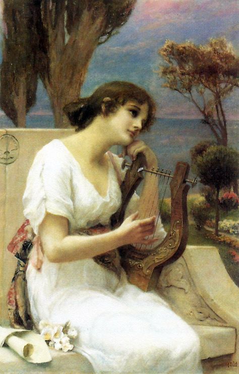 Alfred Siefert (1850-1901) —  Young Lady Playing a Lyre (750×1176) Lyre Aesthetic Instrument, Venti Playing Lyre, Achilles Painting, Lyre Aesthetic, Sappho Tattoo, Sea Maiden, Pre Raphaelite Art, Music Background, The Harp