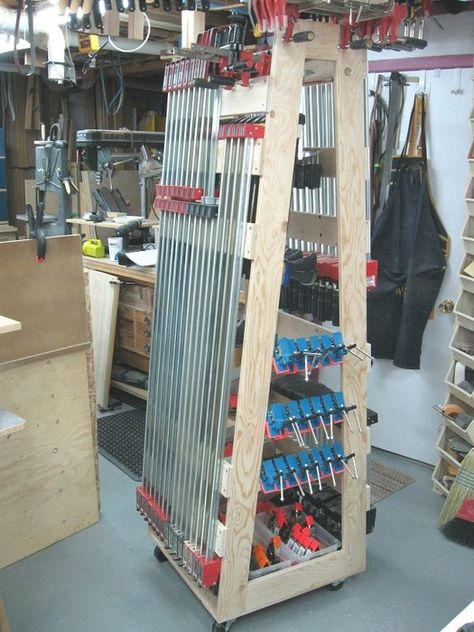 Yet Another Mobile Clamp Rack = Yet More New Hanging ideas - by Bricofleur @ LumberJocks.com ~ woodworking community Clamp Rack, Clamp Storage, Woodworking Garage, Woodworking Desk, Woodworking Cabinets, Woodworking Storage, Woodworking Bed, Woodworking Basics, Woodworking Clamps