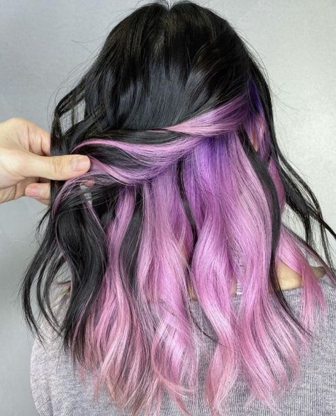 Brunette Hair with Lilac Underlayer Lilac Peekaboo Highlights, Purple Under Layer Hair, Peekaboo Color On Natural Hair, Brunette With Peekaboo Color, Colorful Peekaboo Hair, Pink And Purple Hair Peekaboo, Dark Hair Peekaboo Color, Peek A Boo Hair Color Ideas For Black Hair, Brunette Peekaboo Color