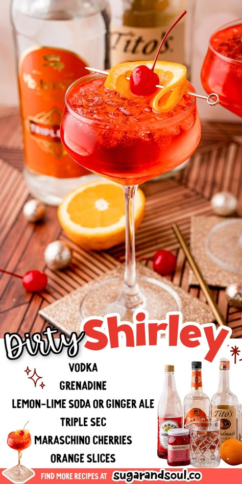 Alcoholic Shirley Temple Drink, Red Signature Drinks, Shirly Temple Drink Recipe, Graduation Drinks Alcohol, Sherly Temple Drink Recipe Alcohol, How To Make A Shirley Temple, Sherly Temple Drink Recipe, Red Drinks Alcohol Parties, Spiked Shirley Temple