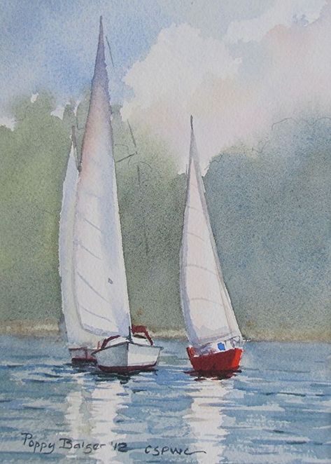 Sailboat Painting Watercolor, Sailing Painting, Watercolor Boat, Boat Drawing, Sailing Art, Watercolor Art Landscape, Bird Watercolor Paintings, Sailboat Art, Nature Art Drawings