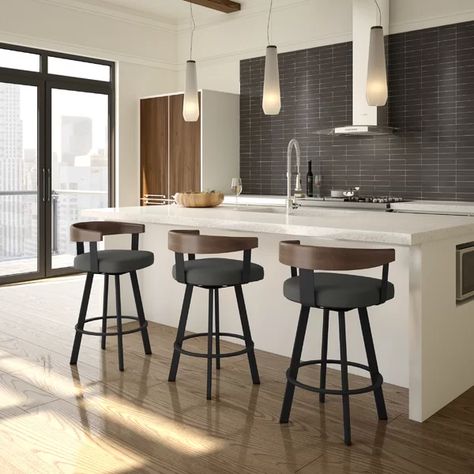 Corrigan Studio Drees Swivel Bar & Counter Stool & Reviews | Wayfair.ca Cool Bar Stools, Island Stools, Bar Height Stools, Curved Wood, Swivel Stool, Metal Bar Stools, Swivel Seating, Counter Height Stools, Counter Bar Stools