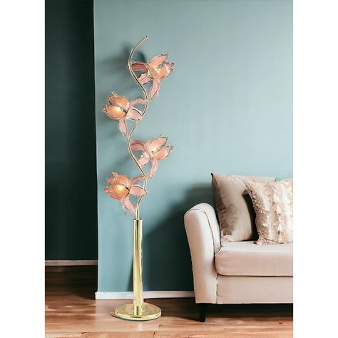 Embrace the good life with this hard working and stylish 73-inch gold four light led novelty floor lamp with pink  glass novelty shade. Cute Floor Lamps, Floral Floor Lamp, Flower Floor Lamp, Dream Setup, Flower Floor, Floral Floor, 80s Stuff, Novelty Floor Lamp, Fan Lamp