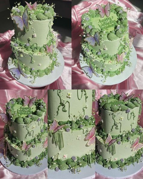 Fairy Themed Quinceanera Cake, Pink And Green Sweet 16 Cake, Green Debut Cake, Princess And The Frog Quinceanera Cake, Fairytale Sweet 16 Cake, Green Fairy Party, Sage Green And Pink Cake Birthday, Two Teared Birthday Cake, Sweet 16 Cakes Green