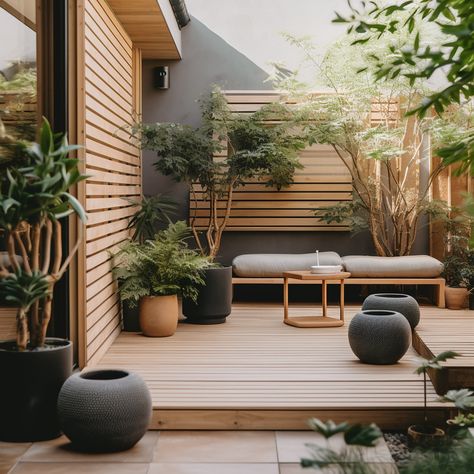 Japandi inspired small yard garden, featuring wooden slats, greenery and dark pots. Outdoor Minimalist Patio, Japanese Style Balcony Garden, Japandi Patio Design, Japandi Balcony Ideas, Japanese Skandinavia House, Japandi Balcony Design, Japanese Style Garden Backyards, Small Wood Patio, Japandi House Layout