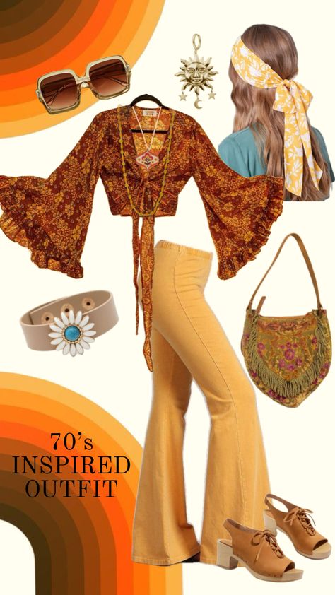 1970’s Inspired Outfit #halloween #halloweencostume #outfit #fitinspo #fit #outfitcheck #70s #1970s #vintage #cute #pretty #inspiration #inspo #halloweenaesthetic #style #styleinspo #fashion #fashioninspo Hippy Outfits Halloween, Hippie Style 70s, 70s Halloween Costume, Halloween 70s, Hippie Halloween Costume, 70s Halloween, Hippie Costume Halloween, Hippie Halloween, Outfit Halloween