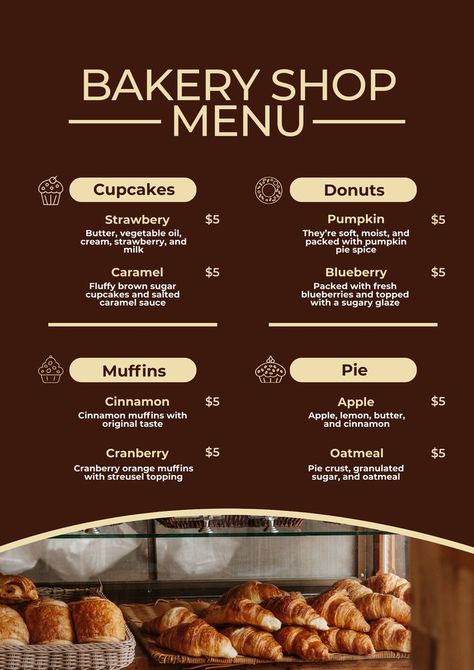 Bakery shop food menu template, editable with canva Pastry Shop Menu Ideas, Small Pastry Shop Design, Aesthetic Bakery Menu Design, Bakery Template Design, Online Bakery Menu Ideas, Small Bakery Menu Ideas, Pastry Menu Design Ideas, Menu Bakery Design, Bakery Shop Design Modern