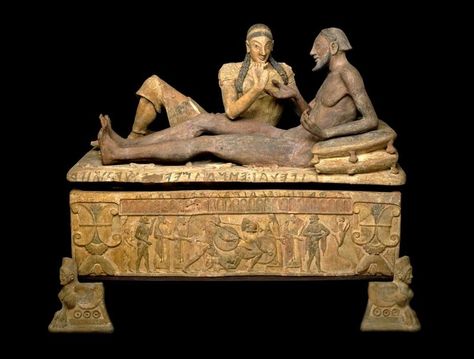 The Sarcophagus of the Spouses is the name given to this monumental terracotta Etruscan funerary urn, representing two spouses reclining side by side in a typical Etruscan banquet pose. Their ashes or remains were placed in the urn. Sarcophagus Of The Spouses, Ancient Sculpture, Post Mortem, Carthage, Iron Age, Greek Art, Art Antique, Ancient Artifacts, Ancient Rome