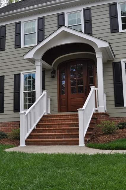 portico with railing | wide portico, white railings Portico Styles, Portico Ideas, Colonial Porch, Portico Entry, Front Door Overhang, Porch Overhang, Front Porch Remodel, Front Porch Addition, Portico Design