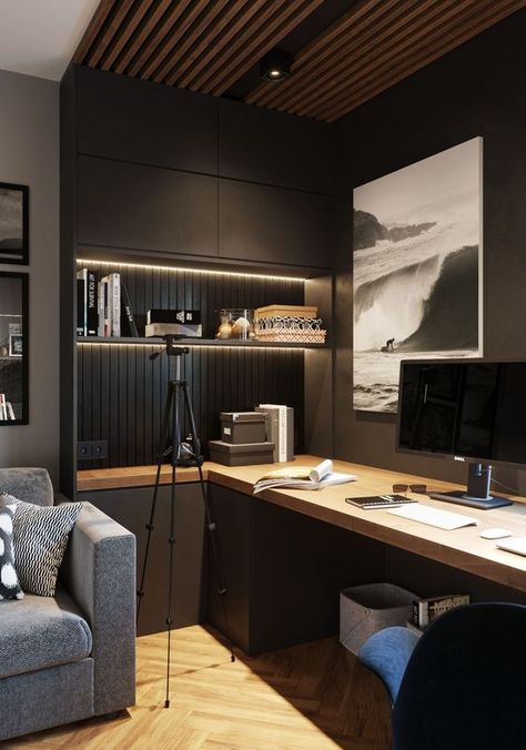 30 Best Home Office Design Ideas So That You Don't Compromise On Style - Hike n Dip Mesa Home Office, Modern Home Offices, Study Table Designs, Dark Modern, Study Room Design, Interior Design Per La Casa, Bureau Design, Small Home Office, Modern Home Office