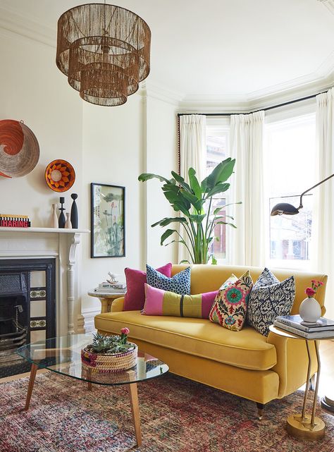 Emily Griffin, Apartment Livingroom, Griffin Design, Eclectic Living Room Design, Yellow Couch, Living Room Wall Designs, Eclectic Living, Yellow Living Room, Eclectic Living Room