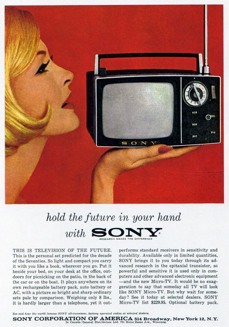 As Sony's TV Business Crumbles, a Look Back at Its Most Iconic Sets | WIRED 60s Magazine, 1960s Advertising, Layout Print, Vintage Editorials, Mini Tv, Old Advertisements, Sony Tv, Retro Advertising, Retro Ads