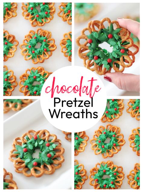 Chocolate pretzel wreaths are easy to make and the perfect sweet and salty treat for the holidays! Dipped in green melting chocolate and sprinkled with holiday sprinkles. Dipped Pretzel Wreaths, Chocolate Pretzel Wreaths, Pretzel Wreaths, Chocolate Pretzels Christmas, Chocolate Covered Pretzels Christmas, Christmas No Bake Treats, Christmas Cookie Boxes, Christmas Pretzels, White Chocolate Pretzels