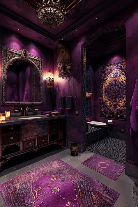 29 Afrohemian Decor Bathroom Ideas for a Culturally Rich Space 20 Purple And Gold Bathroom, Dark Purple Bathroom, Plum Bathroom, Afrohemian Decor, Decor Bathroom Ideas, Ornate Mirrors, Gothic Bathroom, Royal Bathroom, Boho Bathroom Ideas