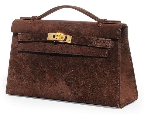 A BROWN SUEDE 'KELLY' POCHETTE | HERMÈS, 2004 | 20th Century, bags | Christie's Suede Birkin, Boss Bags, Vintage Hermes Bag, Kelly Pochette, Autumn 23, Mini Kelly, Dream Bags, Virtual Wardrobe, Office Chic