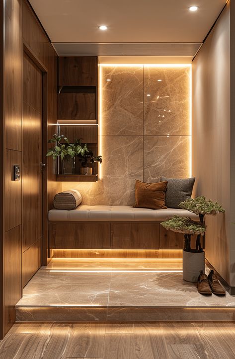 High-Quality Interior Rendering in Beige Color Scheme High Bench Seating, Sleek Shoe Cabinet, Japandi Entrance Door, Entrance Cabinet Design, Entrance Shoe Storage Ideas Modern, Shoe Cabinet With Seating, Entrance Feature Wall, Apartment Entrance Design, Foyer Design Modern Entrance