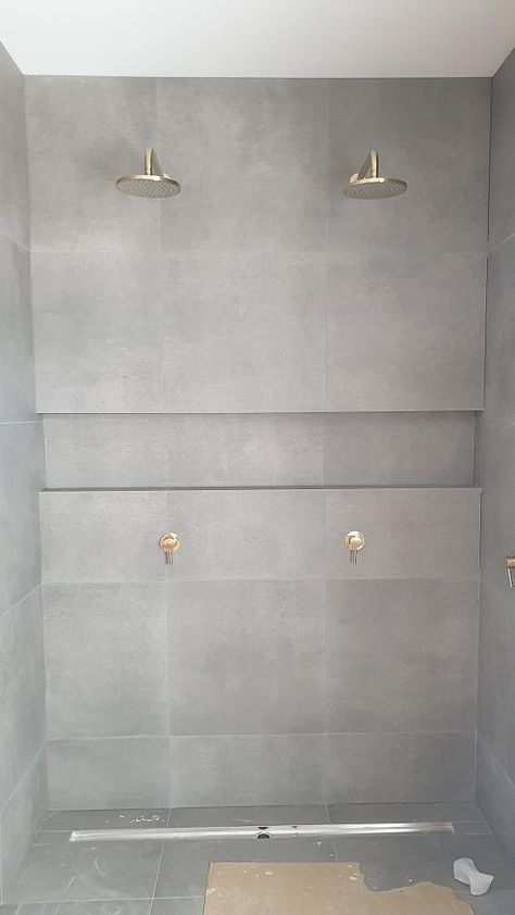 Grey Tile Gold Fixtures, Gray Shower Tile Gold Fixtures, Schluter Tile Edge Shower Niche, Granite Shower Niche, Gold Schluter Tile Edge Showers, Tile Niche, Stainless Steel Shower Niche, Modern Lights, Gold Fixtures