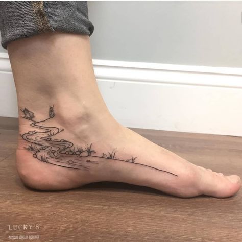 River Tattoos, Natur Tattoo Arm, Aesthetic Tattoo Ideas, River Tattoo, Thumb Tattoos, Lucky Tattoo, Stream Design, Egyptian Tattoo Sleeve, Tattoo Moon