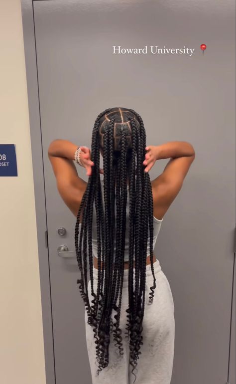 Large Plaits Braids, Big Knotless Box Braids With Curls At The End, Large Knotless Box Braids With Curly Pieces, 48 Inch Knotless Braids, Xl Large Knotless Box Braids, Large Knotted Box Braids, Large Braids With Curls At The End, Huge Knotless Box Braids, Large Knot Less Braids With Curls