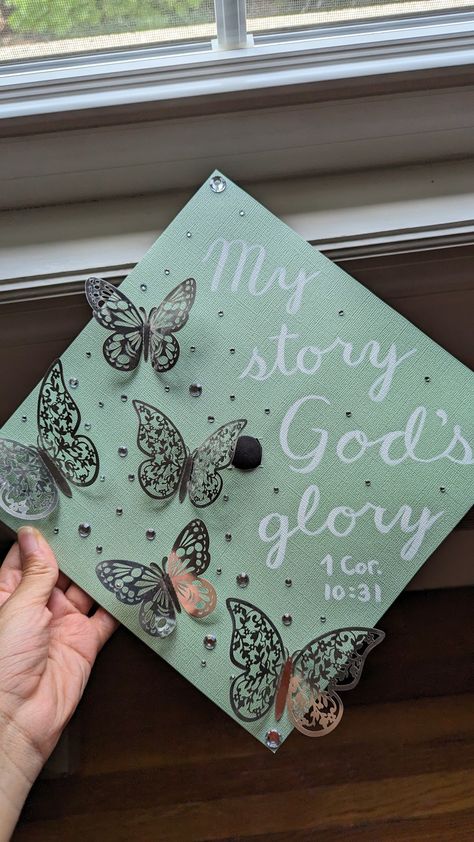 Diy graduation cap college graduate green butterflies Christian Bible verse Scripture Cap Decorations, Cap Decoration Ideas College, Butterfly Grad Cap Ideas, Bible Verse Graduation Cap Ideas, My Story His Glory Grad Cap, Grad Cap Christian, Cap Decoration Graduation God, Graduation Letter Ideas, Cap Decoration Graduation Bible Verse