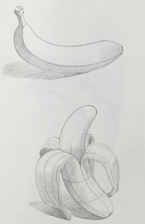 How To Draw A Banana, Banana Drawing Simple, Banana Reference, Organic Forms Drawing, Banana Sketch, Easy Still Life Drawing, Banana Drawing, Fruit Sketch, Basic Sketching