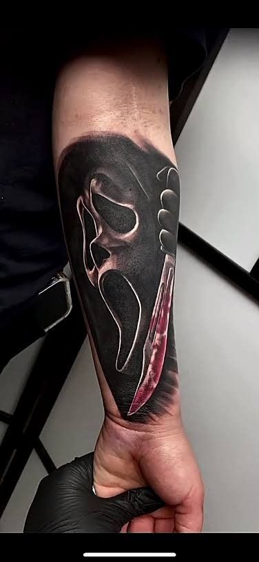 Men Horror Tattoo, Scream Forearm Tattoo, Ghost Face Leg Tattoo, Ghost Face Forearm Tattoo, Horror Wrist Tattoo, Scream Ghost Face Tattoo, Female Ghostface Tattoo, Ghostface Arm Tattoo, Ghostface Forearm Tattoo