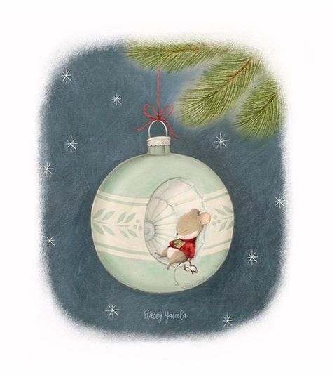 Stacey Yacula on Instagram: "The first day of December and we woke up to snow this morning! 🎄 I created this illustration for @jehane_ltd and her 12 Days of Christmas 2022. 🎄Mid Century Magic🎄 I have always been enamoured with the magic & warmth a Christmas tree brings to our home. So, it should be no surprise I loved and cherished the reflective ornaments that I grew up with and I am sure 5 year old me had imagined a wee little mouse falling asleep in one of these beauties. 🎄 The festive h First Day Of December, Pet Holiday Cards, Snow Illustration, Christmas Challenge, Christmas Card Set, Little Mouse, Card Sentiments, Falling Asleep, Christmas Mouse