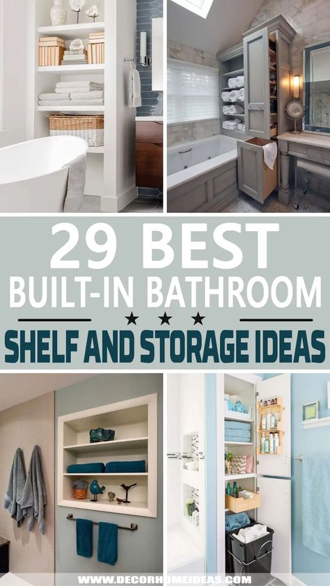 best built-in bathroom shelf and storage ideas Bathroom Storage Tower, Small Bathroom Cabinets, Bathroom Niche, Bathroom Storage Hacks, Bathroom Towel Storage, Bathroom Wall Storage, Bathroom Cabinets Designs, Open Bathroom, Bathroom Shelf Decor