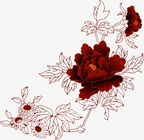 Red Flowers Drawing, Flowers Drawing Simple, Flowers Line Drawing, Red Flower Tattoos, Chinese Flowers, Flower Tattoo Arm, Asian Tattoos, Flowers Drawing, Drawing Simple