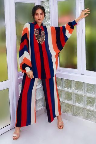 Shop for SVA by Sonam and Paras Modi Multi Color Crepe Silk Stripe Print Shirt And Pant Set for Women Online at Aza Fashions Designer Cord Set For Women, Women Coord Set, Co Ord Sets Women, Coord Sets For Women, Lounge Designs, Women Shirt Designs, Coordinate Sets, Co Ords Outfits, Dresses Couture