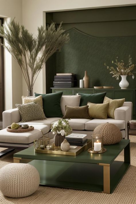 Living With Less Means More Gold Green Brown Living Room, Dark Rug White Couch, Dark Blue And Olive Green Living Room, Green Brown And Gold Living Room, Living Room Decor Green Accents, Green Gold Living Room, Green And Neutral Living Room, Green And Beige Living Room, Green And Gold Living Room