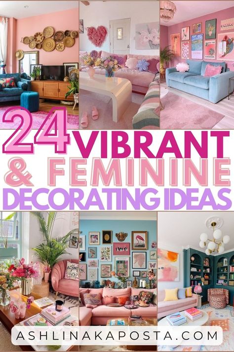 24 Feminine & Vibrant Living Room Styling Ideas that will boost your mood — ASHLINA KAPOSTA Colorful Eccentric Living Room, Blue And Pink Maximalism, Small Whimsical Living Room, Dopamine Living Room Decor, Vibrant Feminine Aesthetic, Small Girly Living Room Ideas, Pretty Room Decor Ideas, Artist Living Room Inspiration, Cute Living Room Designs