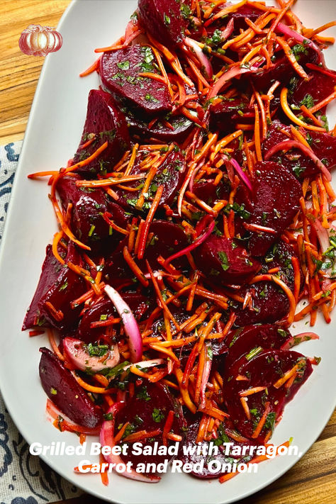 Vegan Grilled Beet Salad Recipe with Tarragon, Carrot and Red Onion Vegan Cookout Recipes, Vegan Beet Recipes, Mustard Carrots, Red Beets Recipe, Vegan Grilling Recipes, Grilled Beets, Roasted Beets Recipe, Beet Salad Recipe, Beet Burger