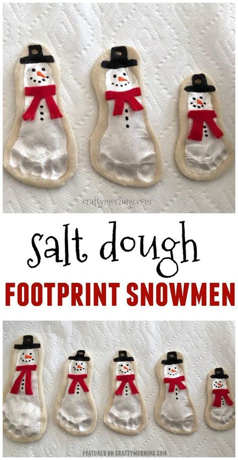 Salt dough footprint snowmen ornaments are adorable!! Cute kids craft for christmas. Salt Dough, Salt Dough Footprint, Baby Christmas Crafts, Juleverksted For Barn, Diy Jul, Snowmen Ornaments, Preschool Christmas, Winter Crafts