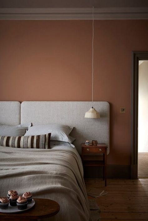 Explore Our Paint and Wallpaper Inspiration | Little Greene Cherry Bedroom, Warm Neutral Paint Colors, Patterned Blinds, Plain Curtains, Cosy Bedroom, Neutral Paint Color, Striped Curtains, Made To Measure Blinds, Sanctuary Bedroom