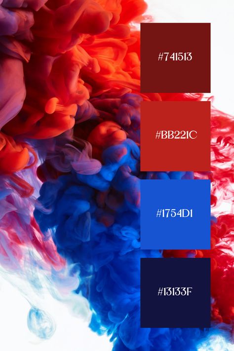 This blue and red color palette blends the cool tranquility of deep blues with the bold vibrancy of rich reds. The combination creates a dynamic yet balanced feel, perfect for sophisticated and striking designs. Freedom Color Palette, Royal Blue Color Palette Colour Schemes, Colour Combination With Red, Cobalt Color Palette, Red Complimentary Colors, Red Blue Palette, Royal Blue Color Palette, Red And Blue Combination, Red And Blue Color Palette