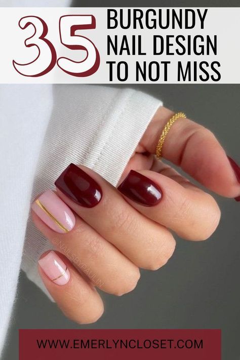 "Find your perfect fall look with rich burgundy nails! 🍂 A shade that’s always in style. #BurgundyVibes #NailInspiration #FallReady" Maroon And Cream Nails, Nice Nail Designs Classy, Nails To Go With Wine Color Dress, Burgundy Dress Nails, Nails To Go With Plum Dress, Winter Maroon Nails, Wine Color Nail Ideas, Wine Nails With Gold, Burgundy And Navy Nails