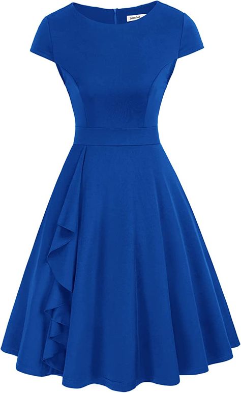 Cocktail Dresses for Women Evening Party Midi A Line Ruffle Church Casual Tea Length Dress Dark Green at Amazon Women’s Clothing store Semi Formal Dresses For Women, A Line Dresses For Women, Women Semi Formal, Corporate Gowns, Cocktail Dresses For Women, Dress Dark Blue, Soft Gamine, Winter Capsule, Elegant Feminine